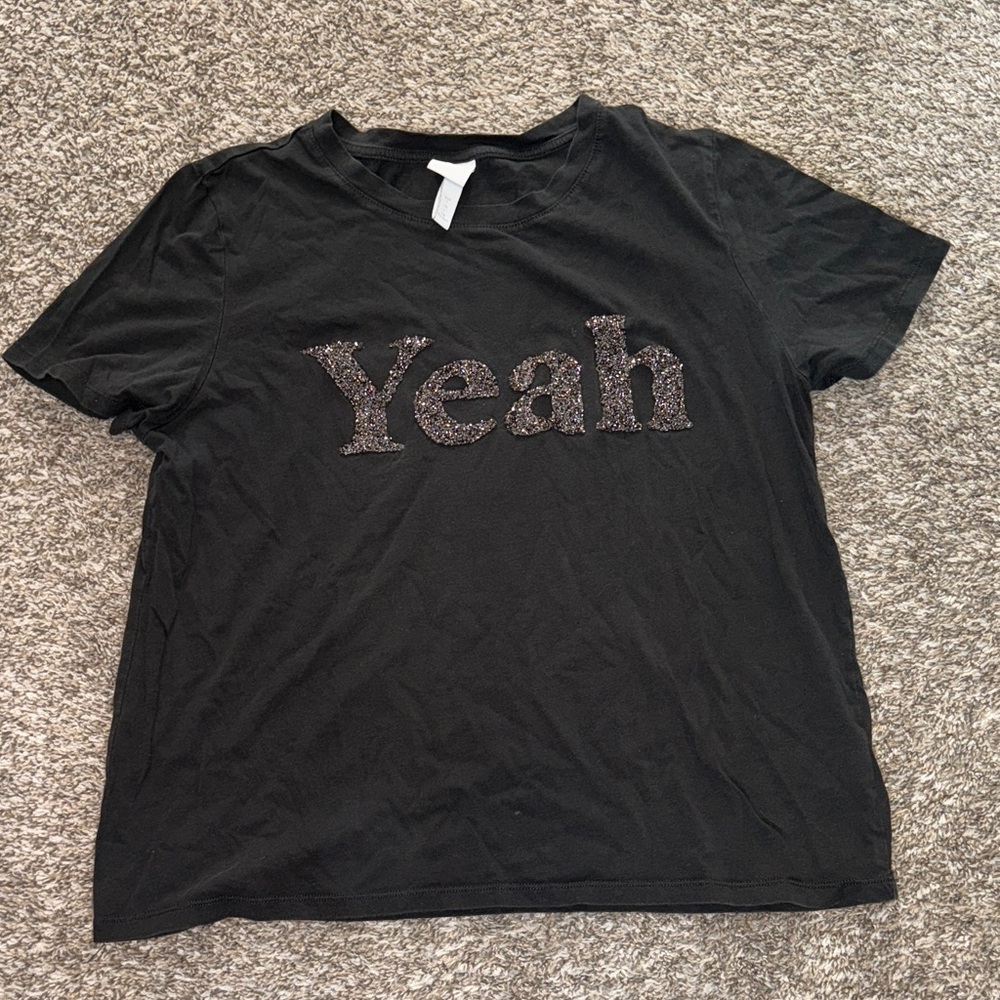 Black T-Shirt with 'Yeah' Sequin Design